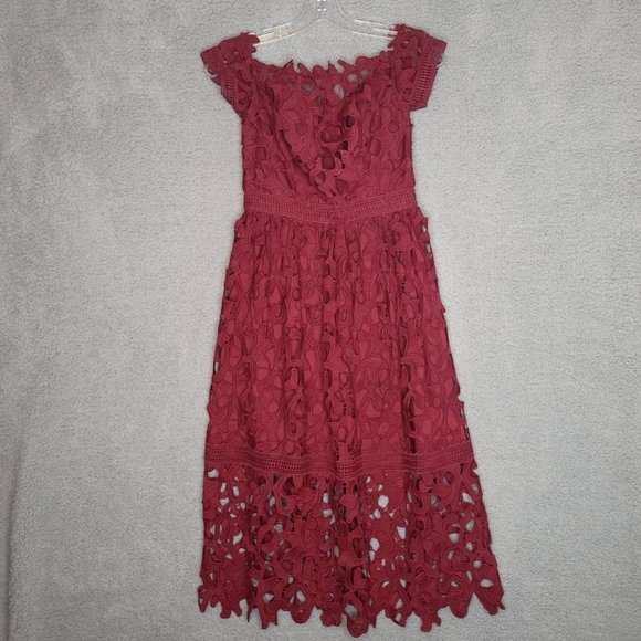 Chi Chi Dresses & Skirts - Chi Chi Womens Bardot Midi‎ Dress Fit & Flare Red Burgundy Lace Hem Lined 4 New